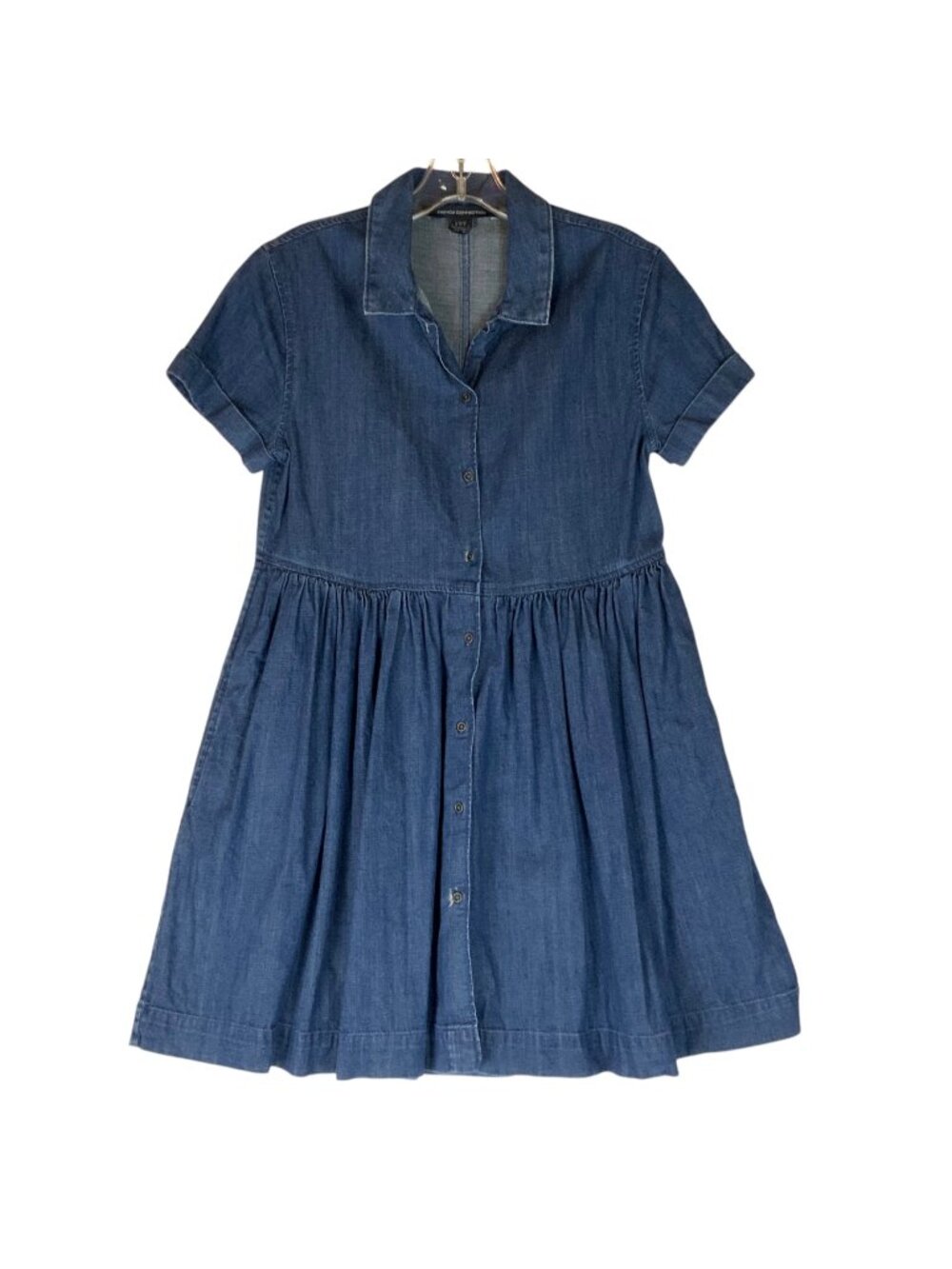 French Connection Denim Short Sleeve Button Front Dress Size 2 Babydoll A-Line